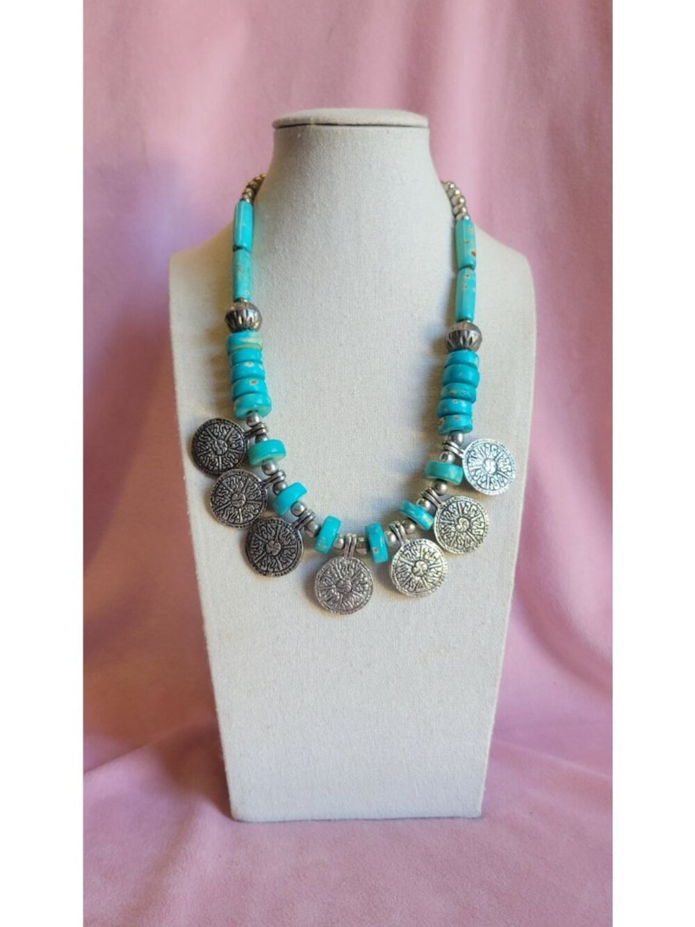 Silver Tone Faux Turquoise Disk Bead Coin Dandle Necklace N1C